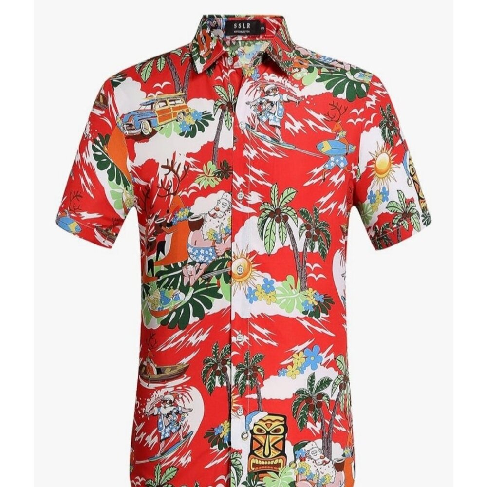Mens Tropical Hawaiian Shirt Surfing Print Button-Down Collar XXL Machine Washab